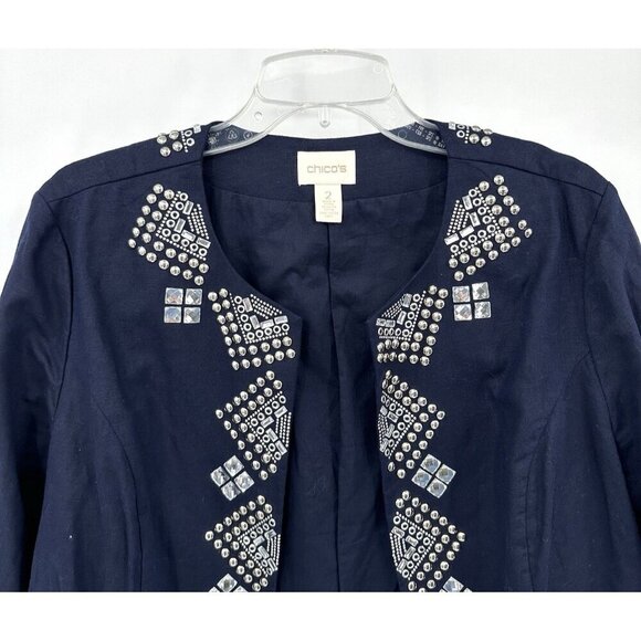 CHICOS jacket blazer linen cotton embellished studded rhinestones blue M L 2 - Picture 2 of 8